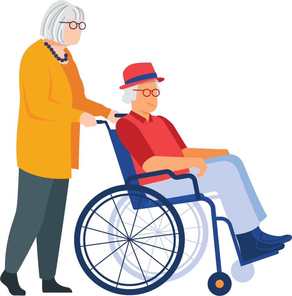 Two older adults, one in wheelchair